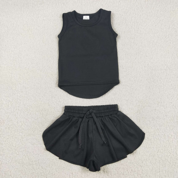 Solid Black Vest Butterfly Athletic Girls Shorts Sets