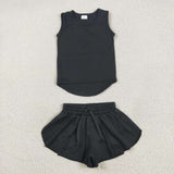 Solid Black Vest Butterfly Athletic Girls Shorts Sets