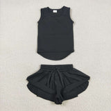Solid Black Vest Butterfly Athletic Girls Shorts Sets