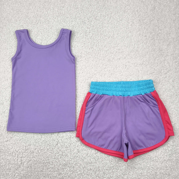 Solid Purple Hot Pink Blue Athletic Yoga Girls Shorts Sets