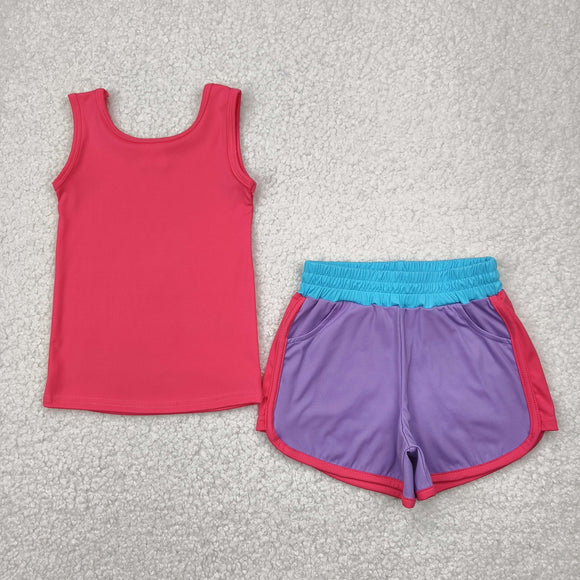 Solid Hot Pink Purple Blue Athletic Yoga Girls Shorts Sets