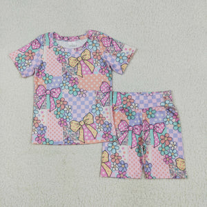 Floral Bow Pattern Colorful Girls Shorts Sets