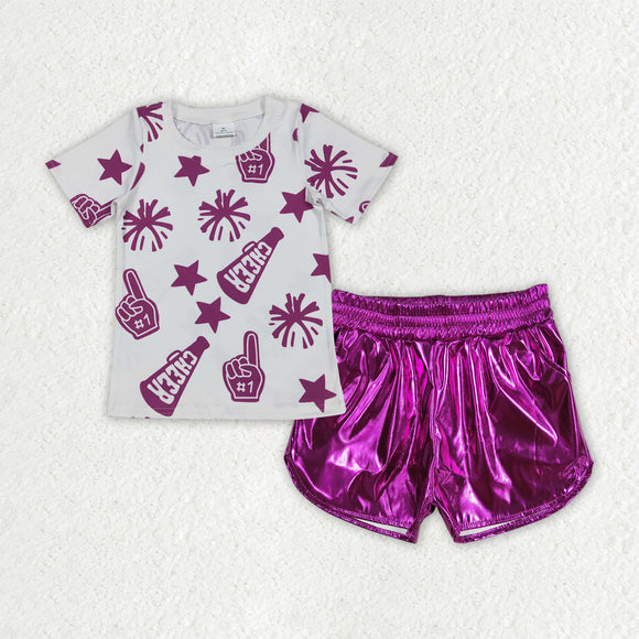 Cheer Stars Firework Purple White Leather Girls Shorts Sets