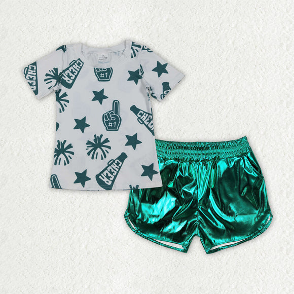 Cheer Stars Firework Green White Leather Girls Shorts Sets