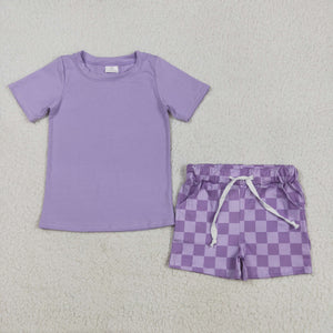 Solid Purple Plaid Girls Shorts Sets