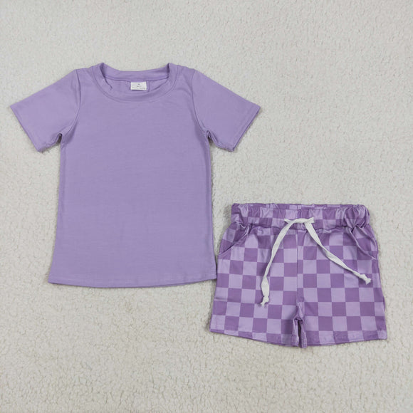 Solid Purple Plaid Girls Shorts Sets