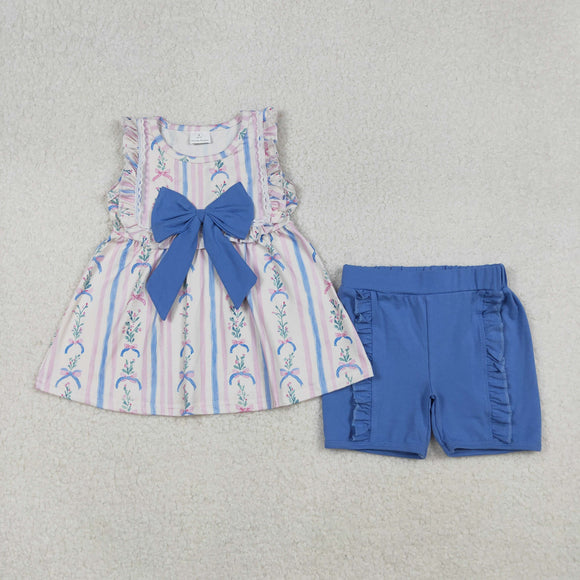 Floral Blue Bow Pattern Girls Shorts Sets