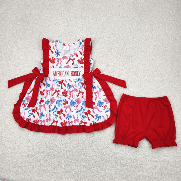American Honey Bow Pattern Red Ruffles Girls 4th of July Outfits
