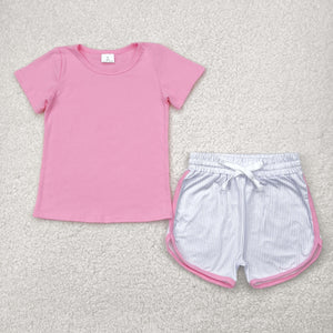 Solid Pink Purple Stripe Girls Shorts Sets