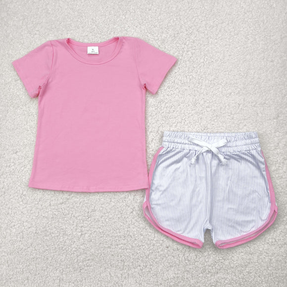 Solid Pink Purple Stripe Girls Shorts Sets