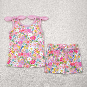 Floral Pink Bows Girls Shorts Sets