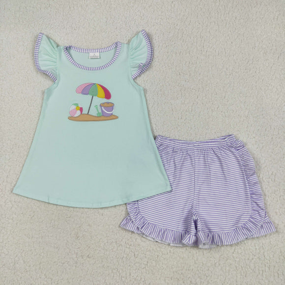 Beach Ball Stripe Ruffles Bluish Girls Shorts Sets