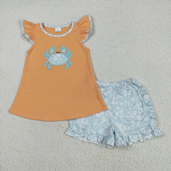 Crab Floral Orange Blue Girls Shorts Sets