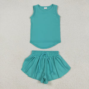 Solid Bluish Vest Butterfly Athletic Girls Shorts Sets