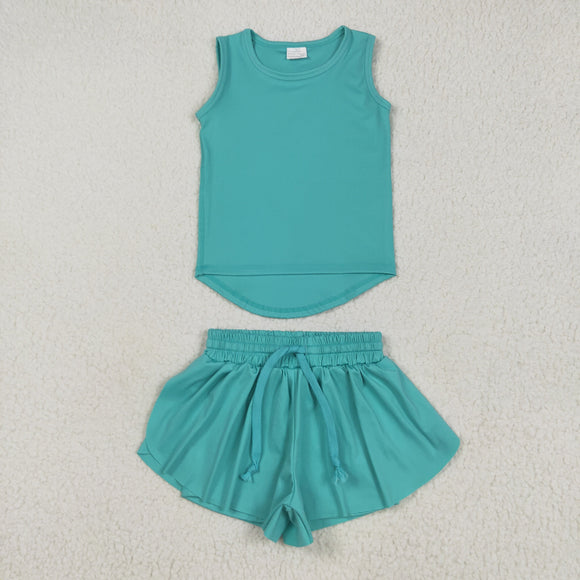Solid Bluish Vest Butterfly Athletic Girls Shorts Sets