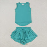 Solid Bluish Vest Butterfly Athletic Girls Shorts Sets