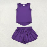 Solid Purple Vest Butterfly Athletic Girls Shorts Sets