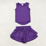 Solid Purple Vest Butterfly Athletic Girls Shorts Sets