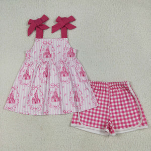 Castle Bow Pattern Pink Stripe Girls Shorts Sets