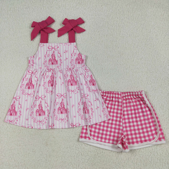 Castle Bow Pattern Pink Stripe Girls Shorts Sets