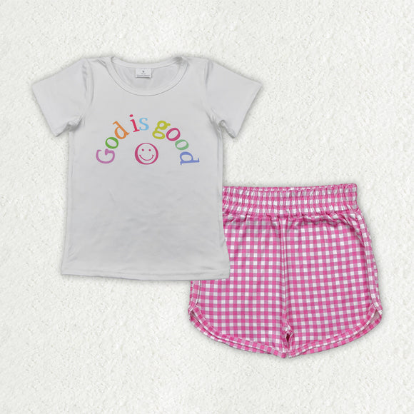 God is Good Smile Pink Plaid Girls Shorts Sets