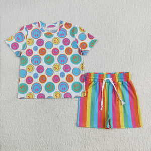 Smile Colorful Stripe Girls Shorts Sets