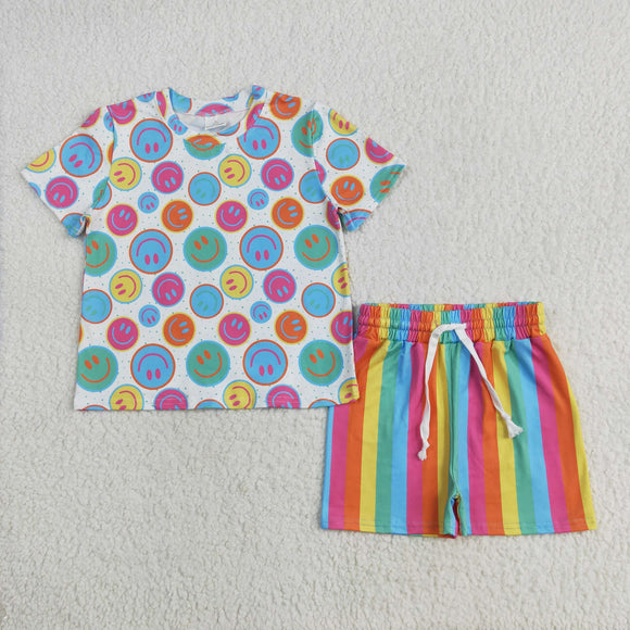 Smile Colorful Stripe Girls Shorts Sets