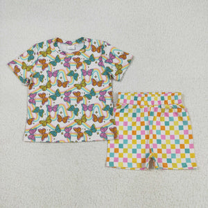 Butterfly Colorful Plaid Girls Shorts Sets