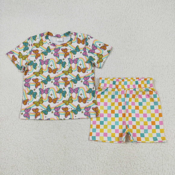 Butterfly Colorful Plaid Girls Shorts Sets