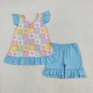 Floral Colorful Plaid Girls Shorts Sets