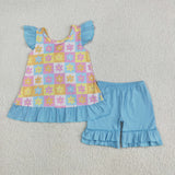 Floral Colorful Plaid Girls Shorts Sets