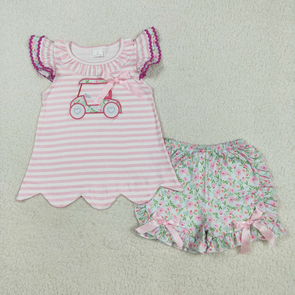 Floral Golf Tour Van Pink Stripe Girls Shorts Sets