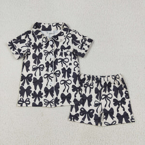 Black Bow Pattern White Girls Short Sleeve Pajamas