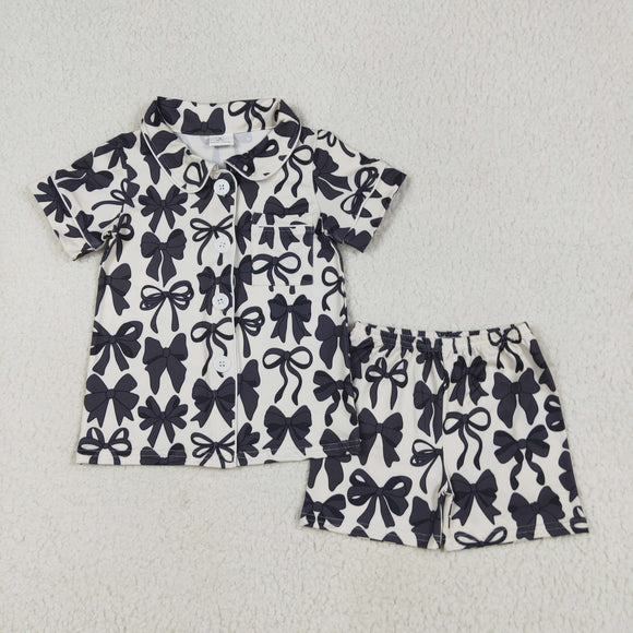 Black Bow Pattern White Girls Short Sleeve Pajamas