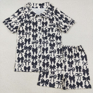 Adults Black Bow Pattern White Women Short Sleeve Pajamas