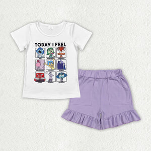 Cartoon White Purple Pockets Girls Shorts Sets