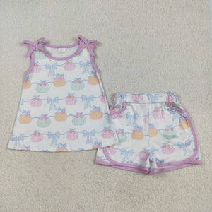 Pumpkin Bow Pattern Girls Shorts Sets