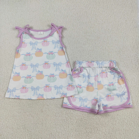 Pumpkin Bow Pattern Girls Shorts Sets