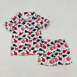 Go Team Football Black Red White Girls Short Sleeve Pajamas