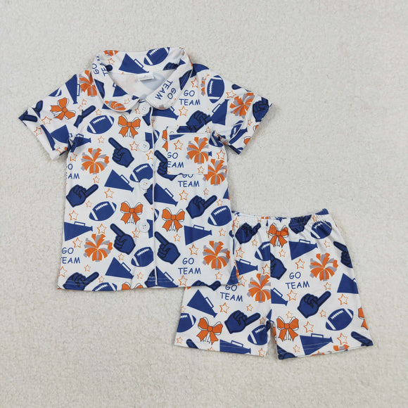 Go Team Football Blue Orange Girls Short Sleeve Pajamas