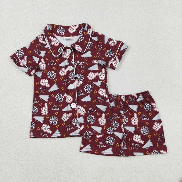 Go Team Football Dark Red Girls Short Sleeve Pajamas