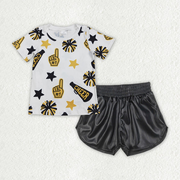 Cheer Stars Firework Golden White Leather Girls Shorts Sets
