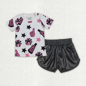 Cheer Stars Firework Pink White Black Leather Girls Shorts Sets