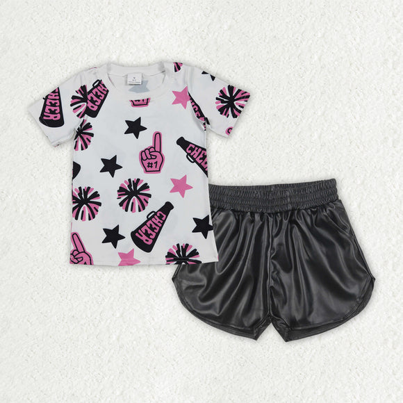 Cheer Stars Firework Pink White Black Leather Girls Shorts Sets