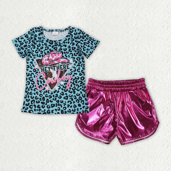 Cowboy Leopard Print Blue Hot Pink Leather Girls Shorts Sets