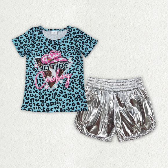 Cowboy Leopard Print Blue Silver Leather Girls Shorts Sets