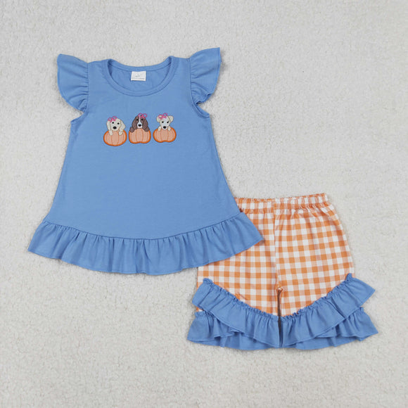 Pumpkin Dogs Orange Plaid Blue Girls Shorts Sets