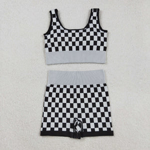 Plaid Black White Adult Shorts Sets