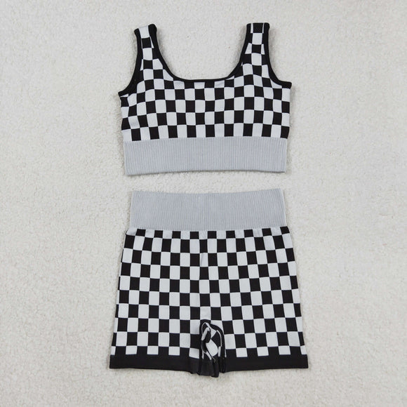 Plaid Black White Adult Shorts Sets