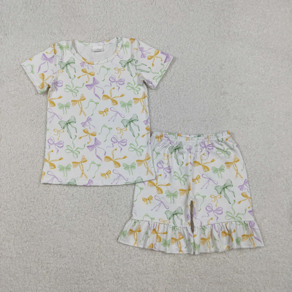 Colorful Bow Pattern White Girls Shorts Sets